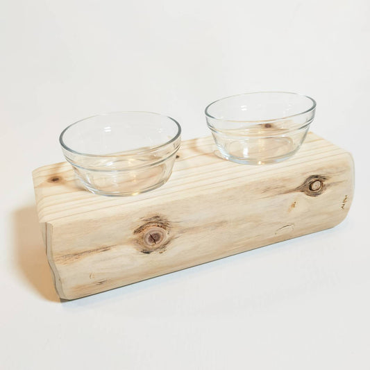 【アウトレット15％OFF】ヒノキ丸太のペットログボウルダブル③　水入れ　フードボウル　餌台　エサ入れ