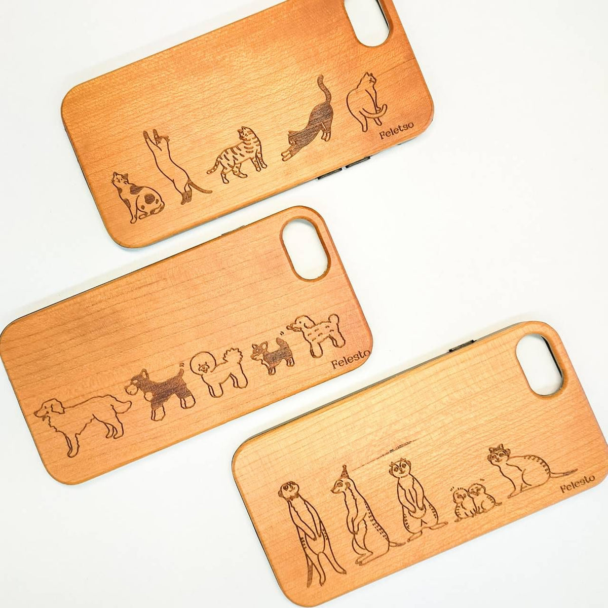 全5種類　iPhone 木製オリジナルスマホケース　猫　犬　イラスト　ミーアキャット　※受注製作（約1ヶ月）